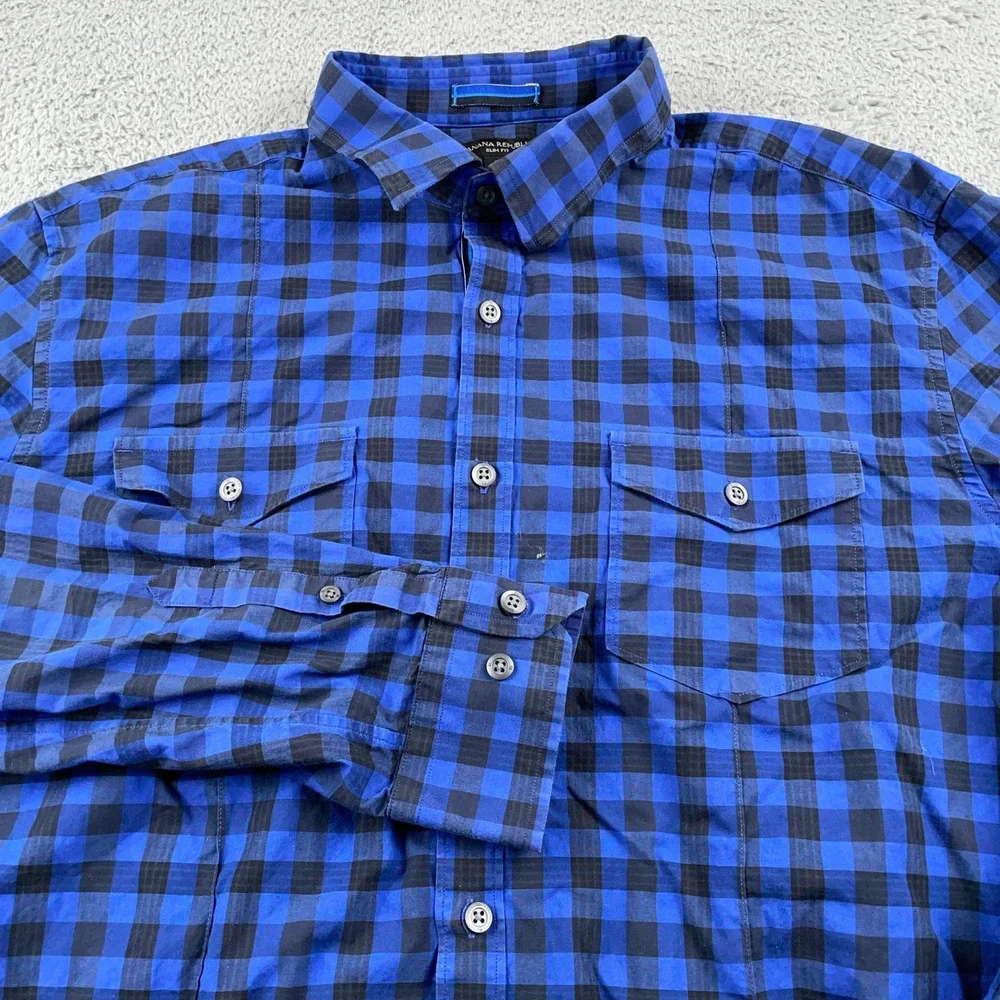 Banana Republic Shirt Mens Large Blue Black Buffalo Plaid Slim Fit Long Sleeve
